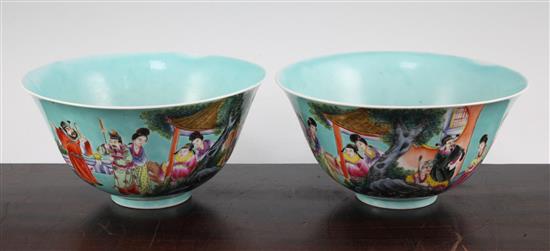 A pair of Chinese turquoise ground famille rose bowls, 20th century, 20cm.